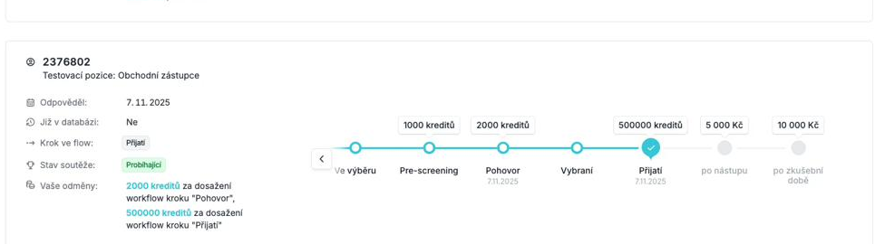 Timeline kandidáta s odměnami