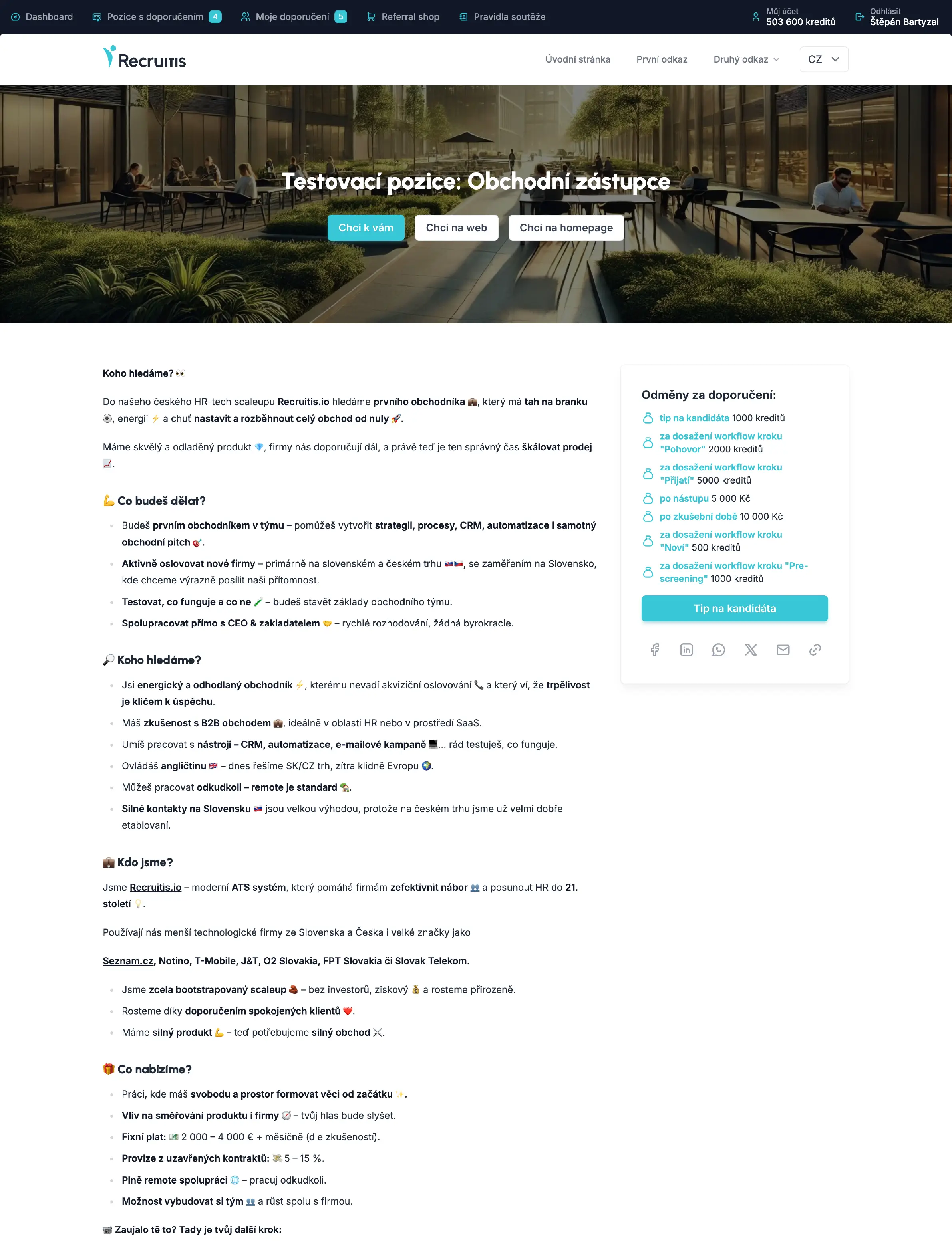 Detail pozice s odměnami za doporučení v Recruitis