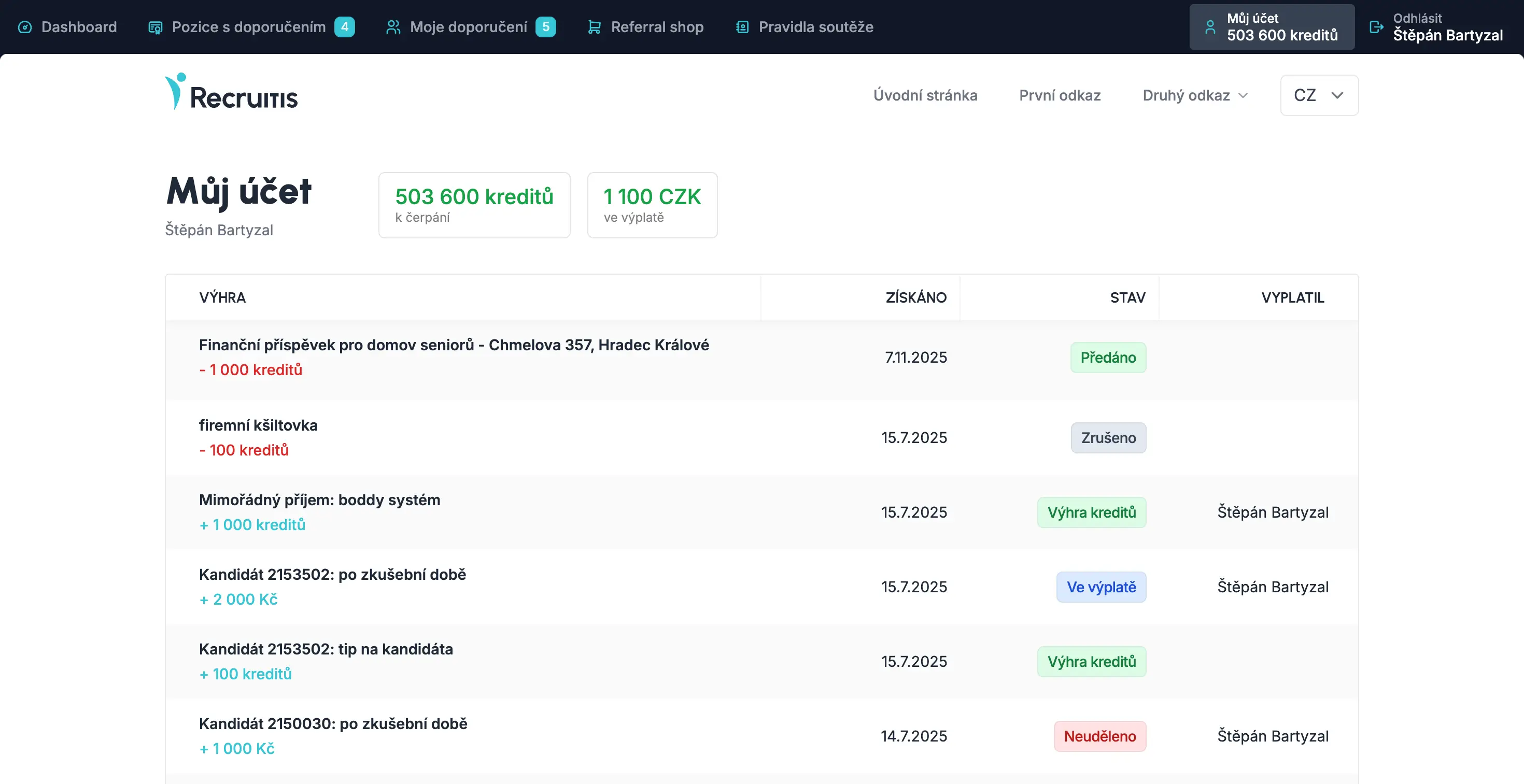 Peněženka zaměstnance s přehledem kreditů a odměn